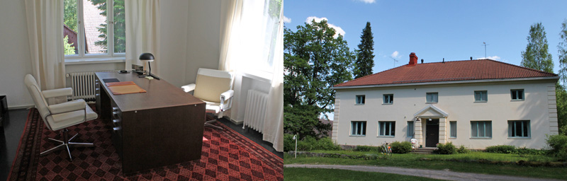 Tutkijoiden käytössä oleva työhuone ja Hovilan talo, jossa Urho Kekkosen arkisto toimii .